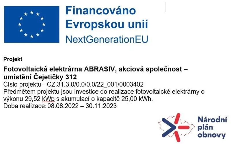 Evropský projekt - Fotovoltaická elektrárna ABRASIV, a.s.